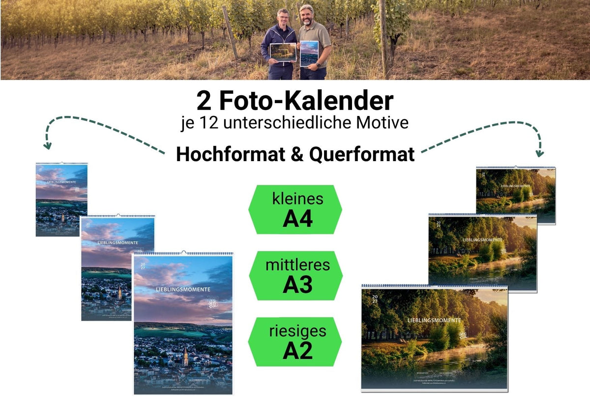 Kalender Lieblingsmomente im Ahrtal 2027 – Formatübersicht: Hoch- und Querformat in A4, A3 und A2