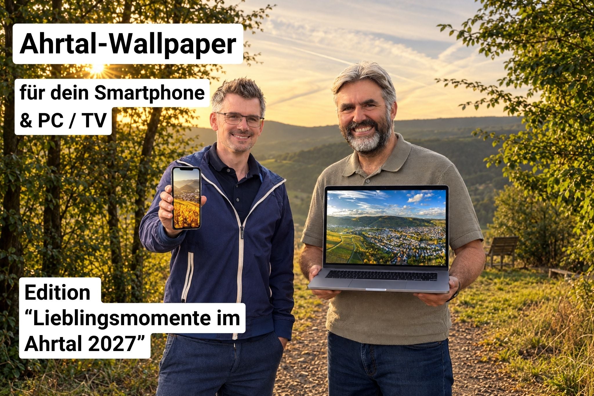 Kai Schneiders und Dominik Ketz zeigen die Ahrtal-Wallpaper der Edition Lieblingsmomente im Ahrtal 2027 auf Smartphone und Laptop
